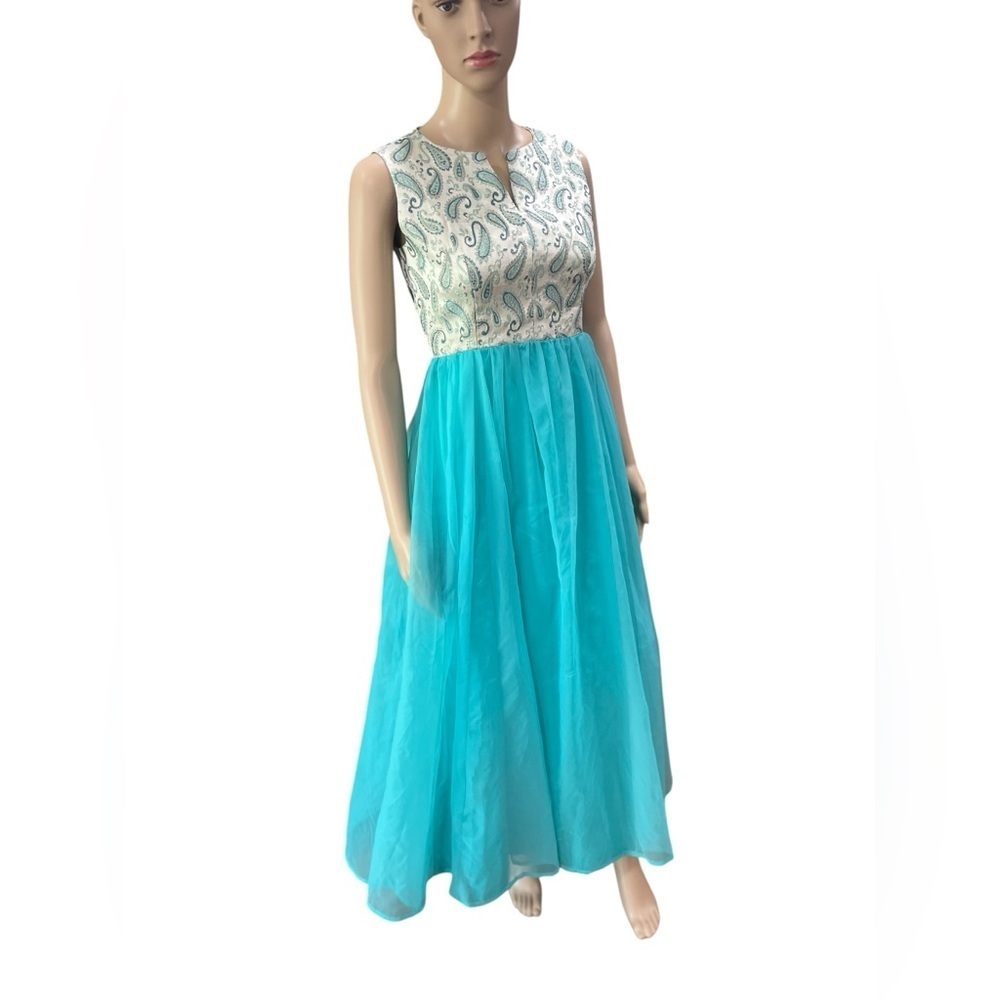 True vintage 1960s handmade Aqua brocade Paisley hostess dress – medium - Picture 2 of 8